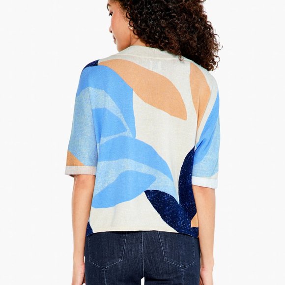 Nic+Zoe OCEAN ISLE Short Sleeve V Neck Loose Fitting Blue Geometric Knit SWEATER - Picture 5 of 16